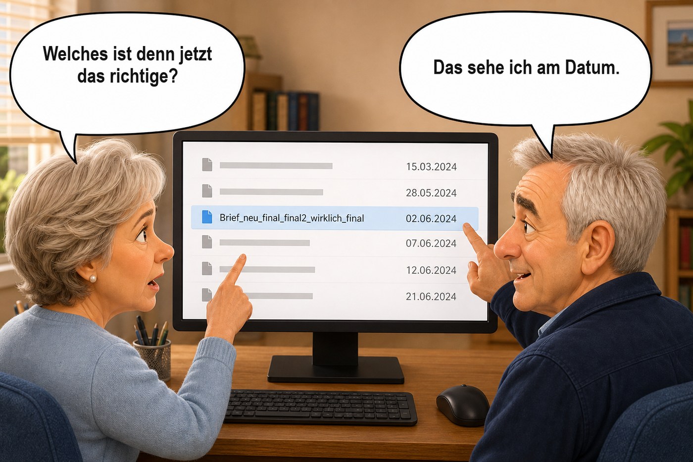 Cartoon: Die Frau fragt nach der richtigen Datei, der Boomer erkennt sie am Datum