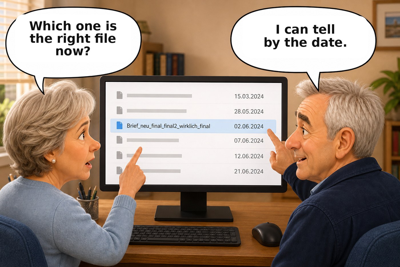 Cartoon: A woman asks which file is the right one; the boomer identifies it by the date